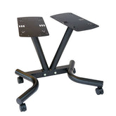 Adjustable equipment stand with ergonomic design for versatile use, featuring two platforms and wheels for easy mobility.